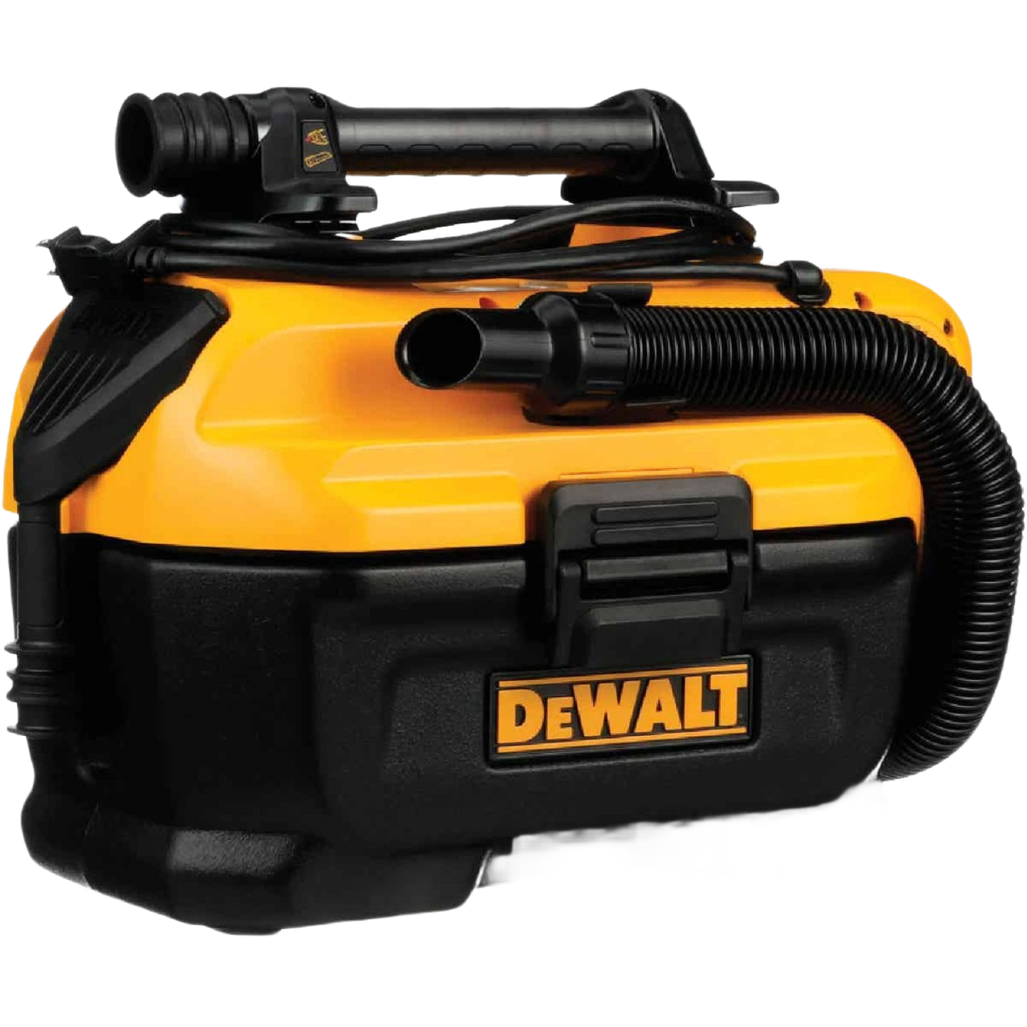Compact yellow and black portable wet-dry vacuum with hose and top handle for tools and home improvement tasks