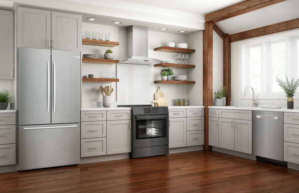 Modern kitchen with black stainless steel induction slide-in range, stainless steel appliances, white cabinetry, and wooden flooring