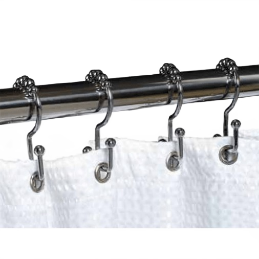 Chrome stainless steel roller hooks hanging a white shower curtain on a bathroom rod for home improvement and bath collections