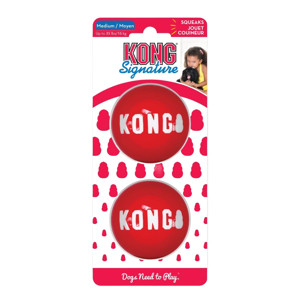 Two red durable rubber dog balls with white brand lettering in clear retail packaging for medium dogs under 35 lbs.