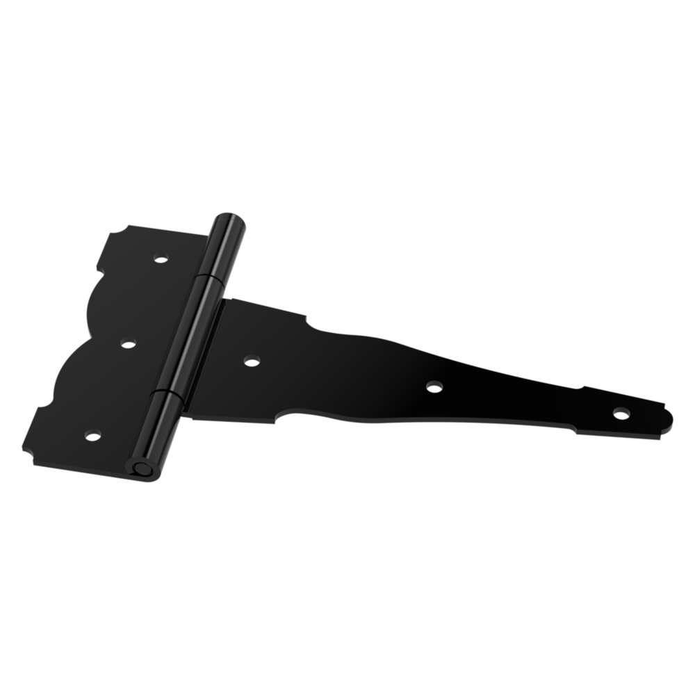 Black decorative T-hinge with offset screw holes for enhanced strength in gate hardware and home improvement tools