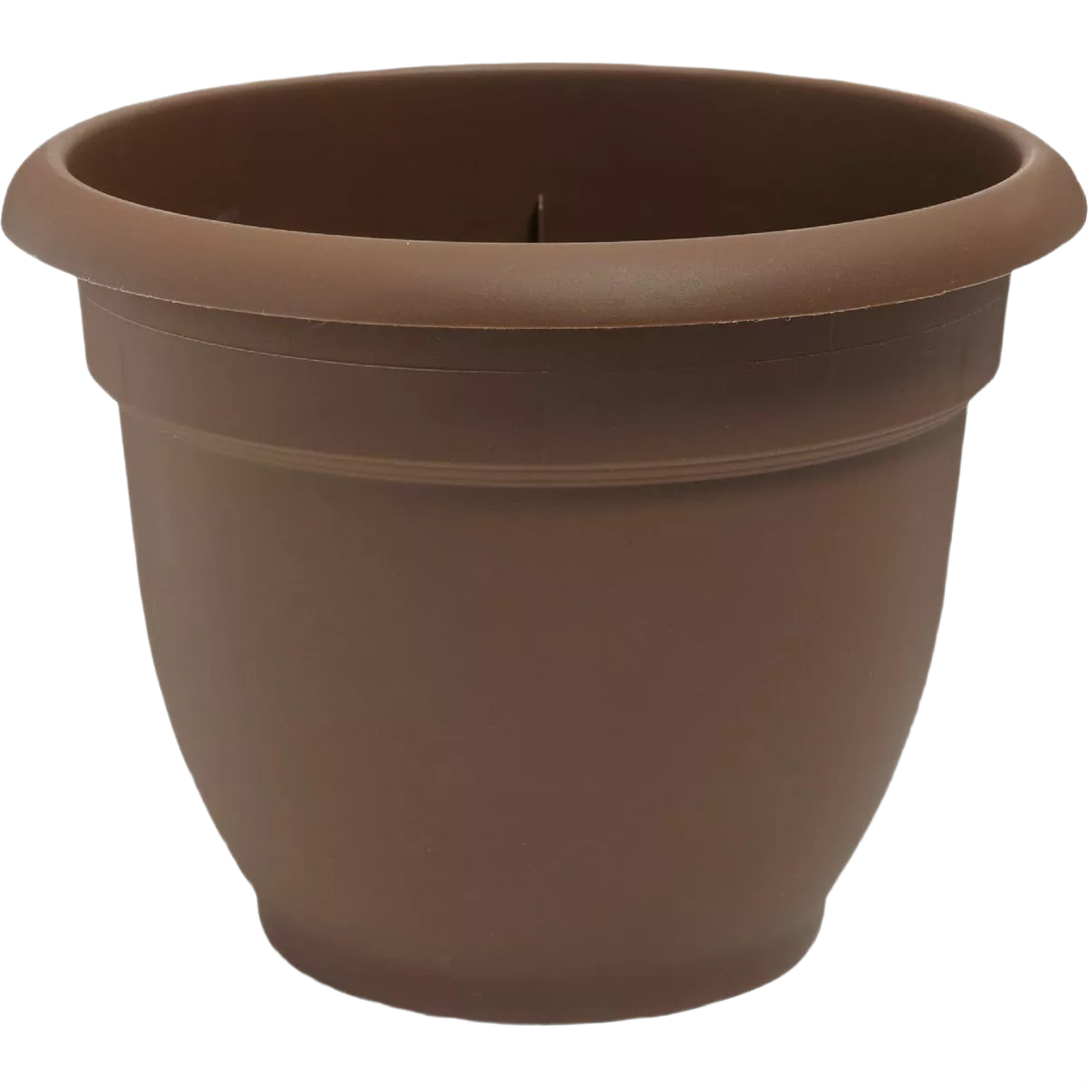 Chocolate brown plastic planter pot with self-watering feature for easy gardening and home improvement use