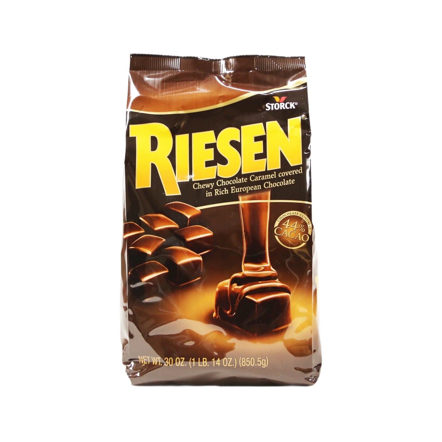 30 oz. bag of chewy chocolate caramel candy pieces coated in rich European chocolate with 44% cacao content