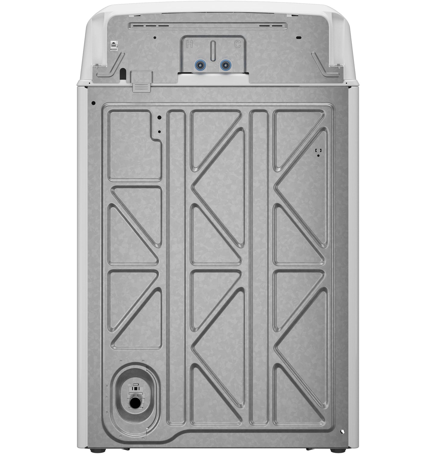 Rear view of a metal top load washer frame showing water inlet connections and structural reinforcement panels