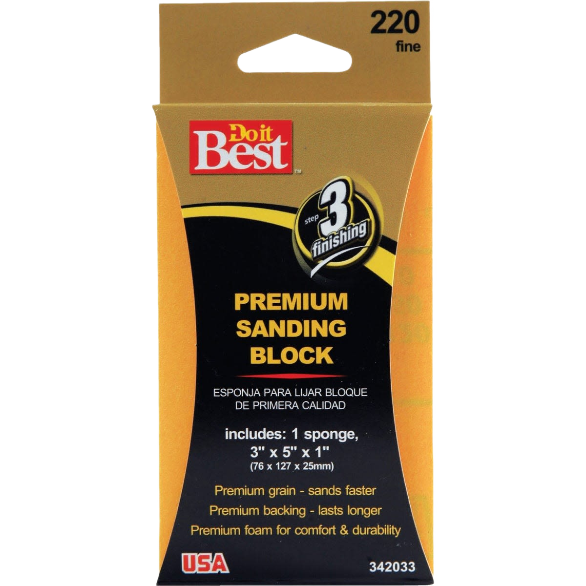 Packaging of a fine 220-grit sanding sponge for paint, repair, and home improvement under $50 collection