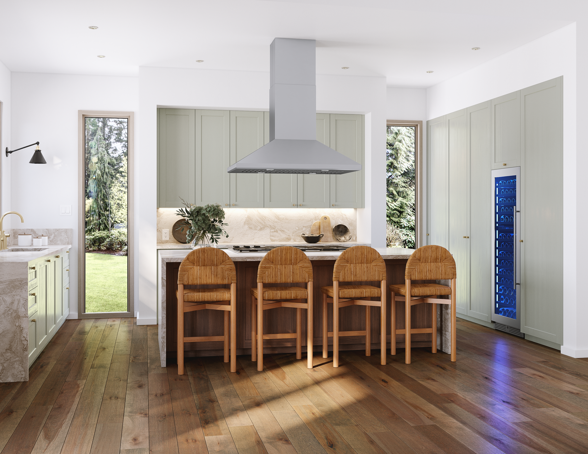 Modern kitchen with stainless steel island range hood and natural wood flooring in home improvement setting