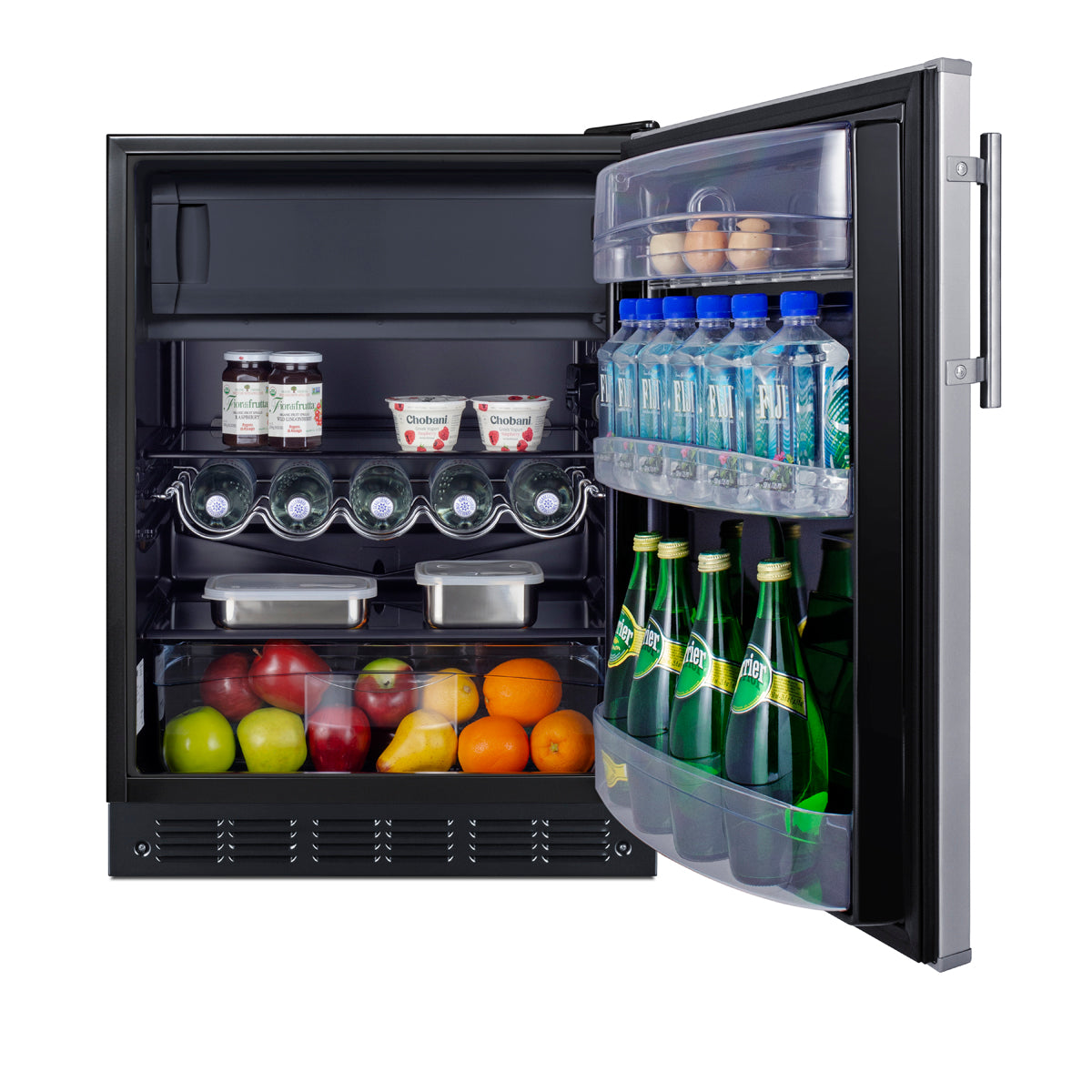 Open black compact refrigerator with stocked interior including beverages, eggs, fruit, and dairy in kitchenware appliances collection