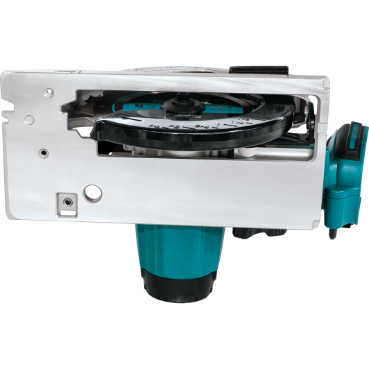 Underside view of cordless circular saw showing blade guard and metal base plate for woodworking tasks