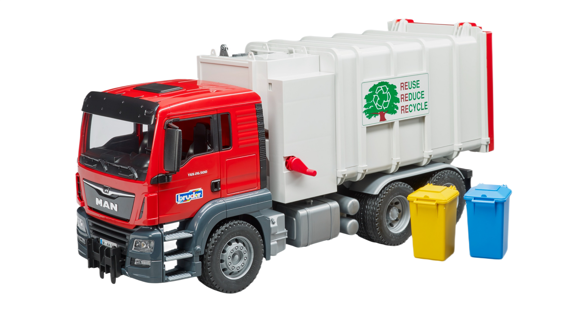 Red and white Bruder Man Tgs side loading garbage truck toy with blue and yellow recycling bins in Toys & Games collection
