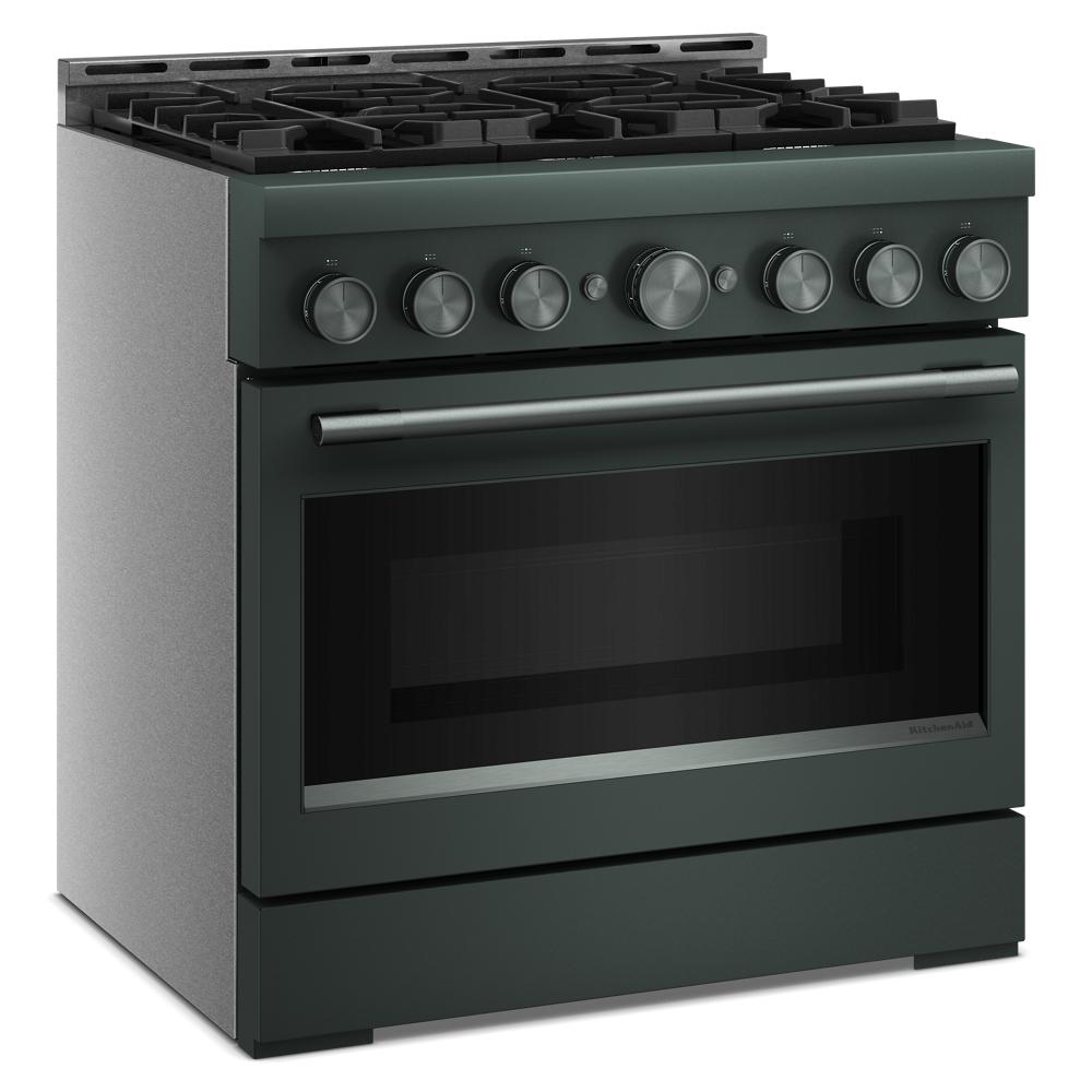 Angled view of a dark stainless steel 36-inch six-burner gas range in KitchenAid appliances and kitchenware collections