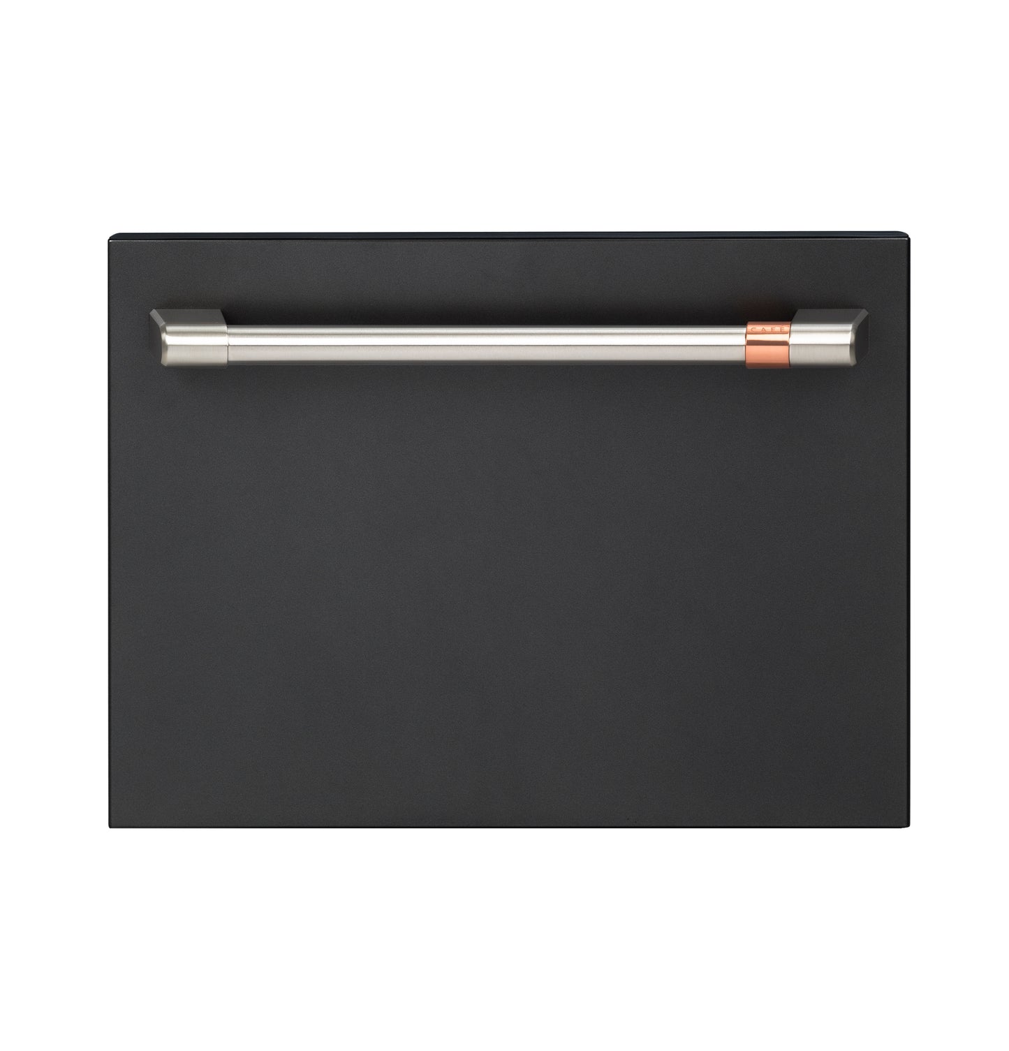 Black single drawer dishwasher front panel with stainless steel handle and copper accent in Built-in Dishwashers collection