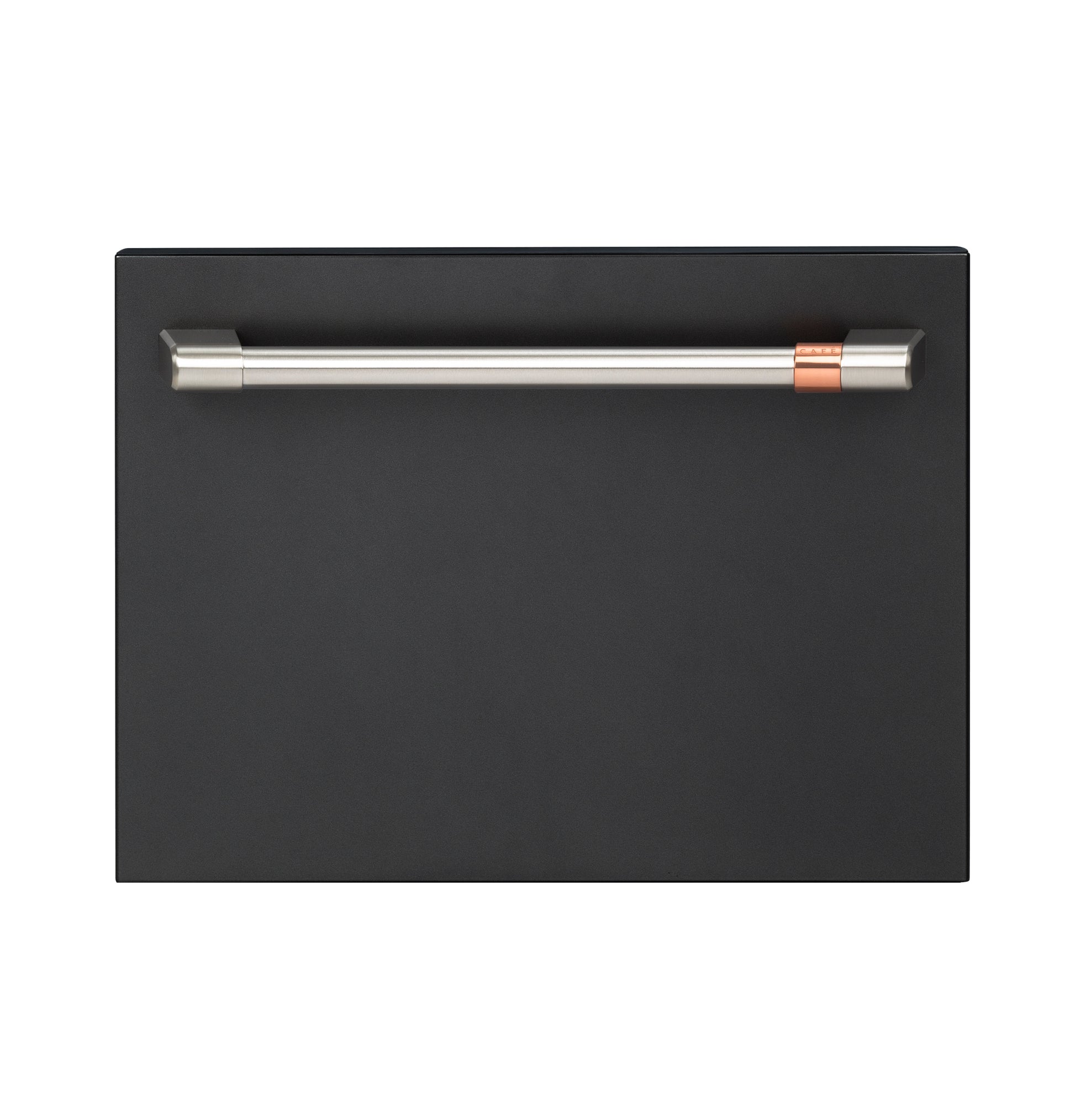 Black single drawer dishwasher front panel with stainless steel handle and copper accent in Built-in Dishwashers collection