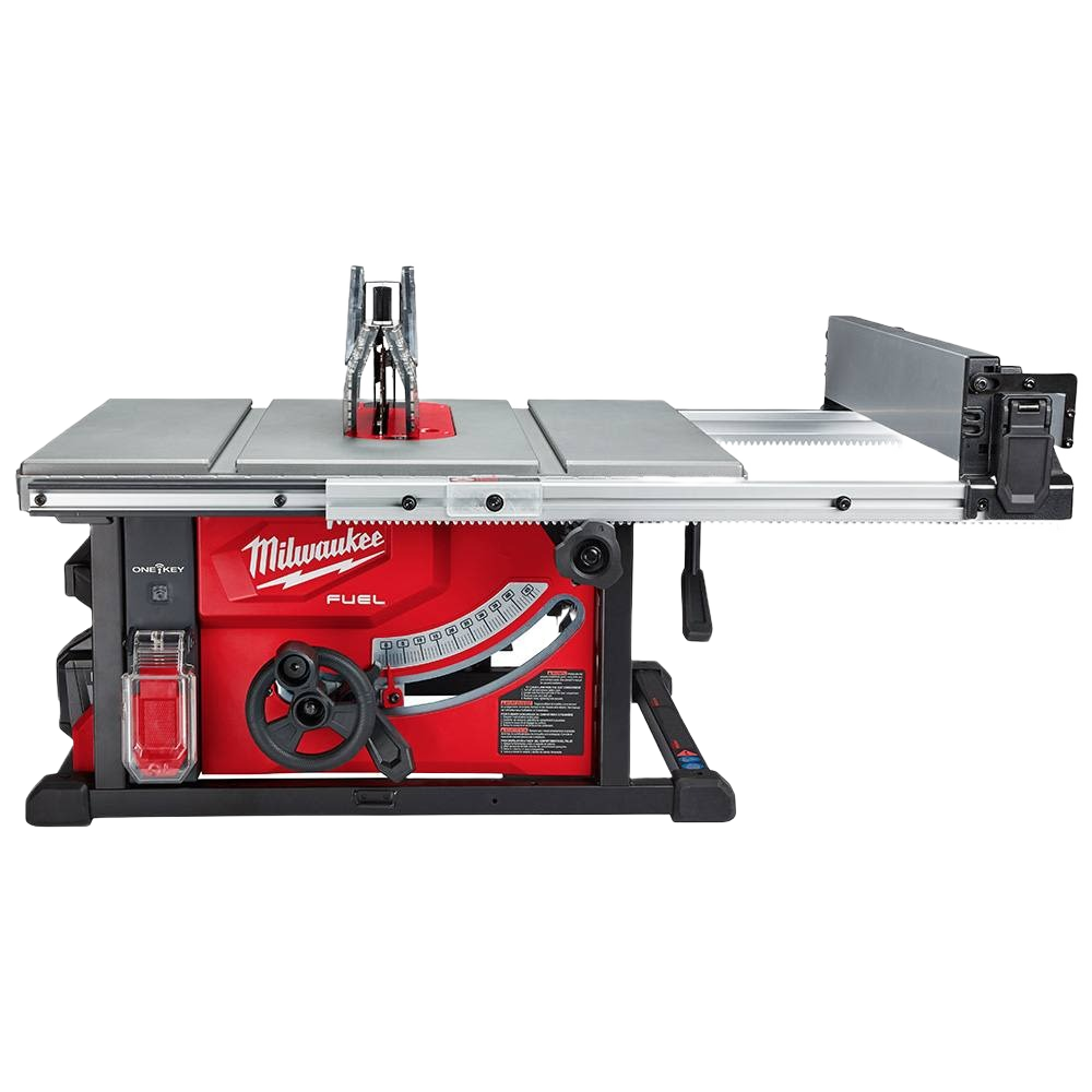 Red and black Milwaukee M18 FUEL table saw with One-Key technology for precise woodworking and power tool projects