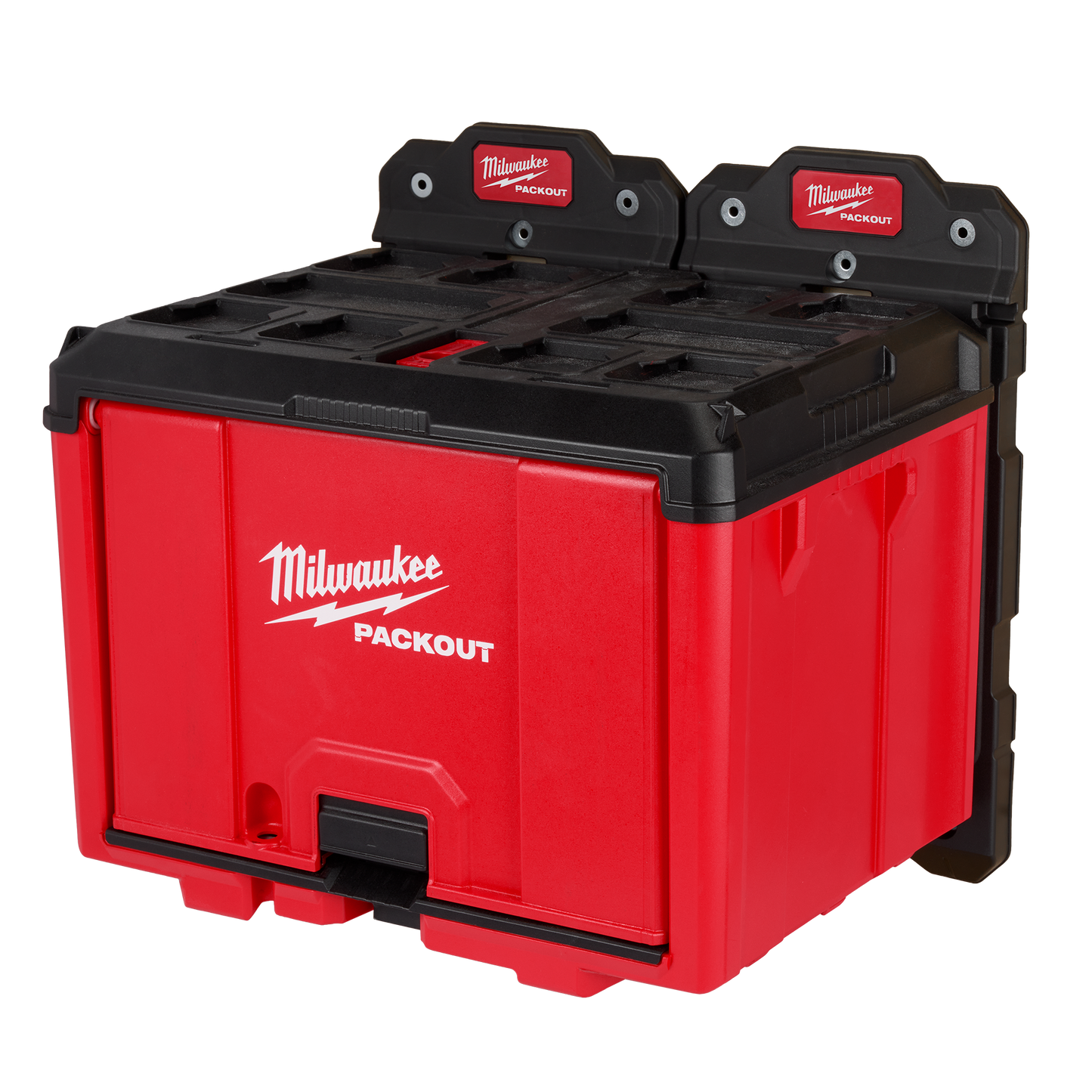 Red and black Milwaukee PACKOUT storage cabinet for durable tool organization in workshop and jobsite storage systems