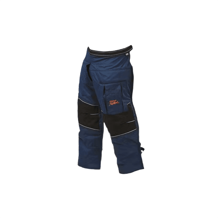 Navy apron chaps with cut-retardant layers and reinforced pockets in safety equipment and hardware collections