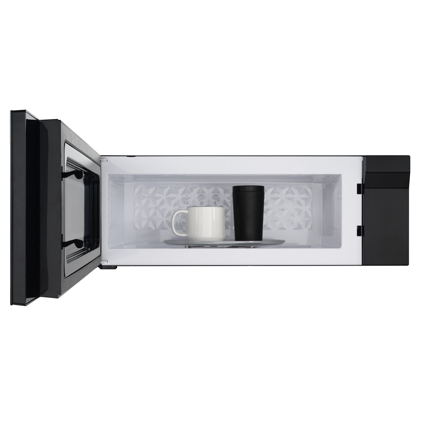 Black low-profile over-the-range sensor microwave oven with open door showing interior and two cups inside in Appliances collection