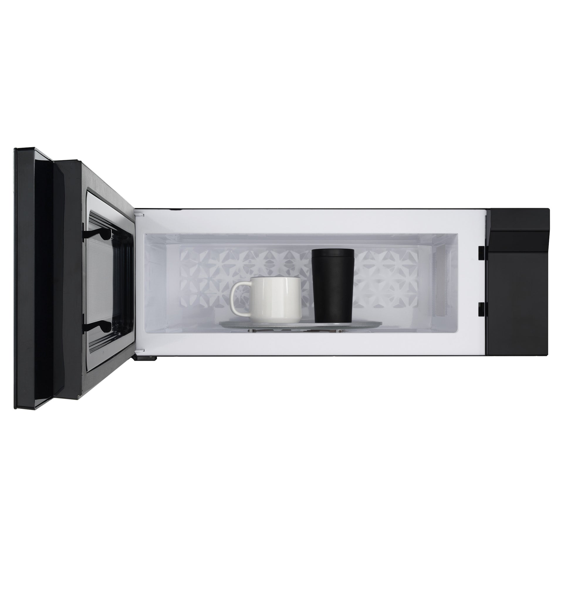 Black low-profile over-the-range sensor microwave oven with open door showing interior and two cups inside in Appliances collection
