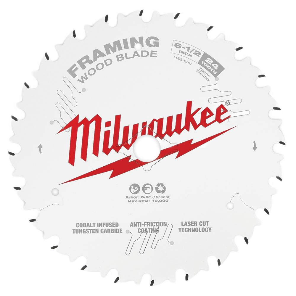 White Milwaukee 6-1/2 inch 24-tooth framing circular saw blade with cobalt infused tungsten carbide teeth for woodworking tools