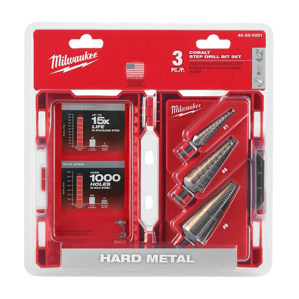 Set of three cobalt step drill bits in red Milwaukee case with performance charts for tool accessories and drill bits collections