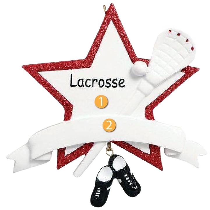 White star-shaped Christmas ornament with red glitter border, lacrosse stick, shoes, and customizable banner under $50 collection