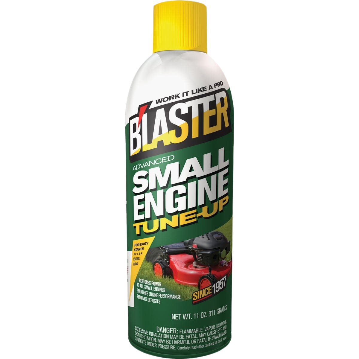 Spray can of small engine tune-up fluid for two and four-cycle engines in automotive and home improvement use