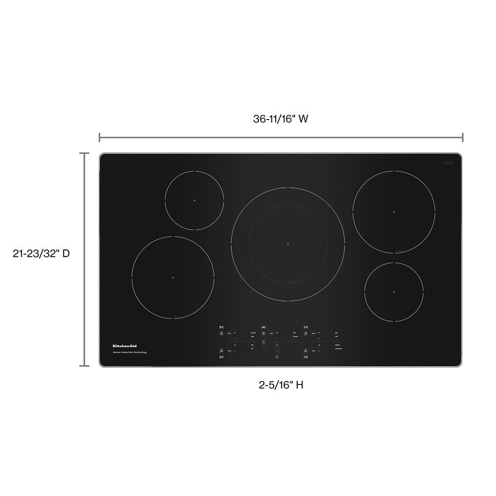 Black 36-inch sensor induction cooktop with five flexible cooking zones and touch control panel in KitchenAid appliances collection