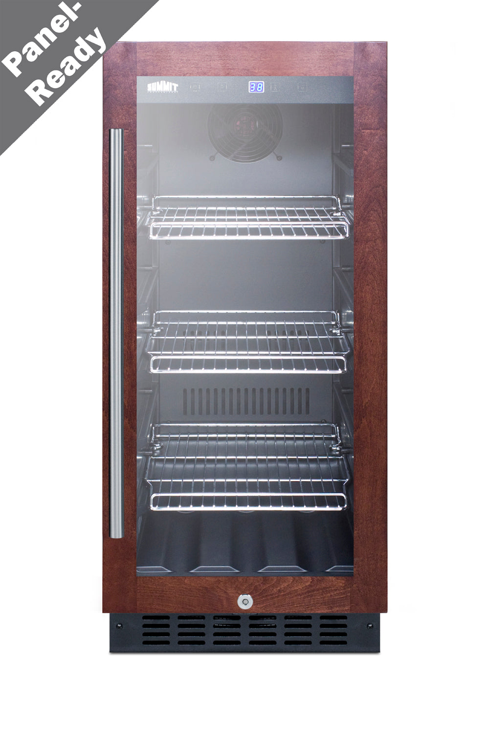 Built-in beverage center with wood panel door and adjustable wire shelves for kitchen and appliance collections