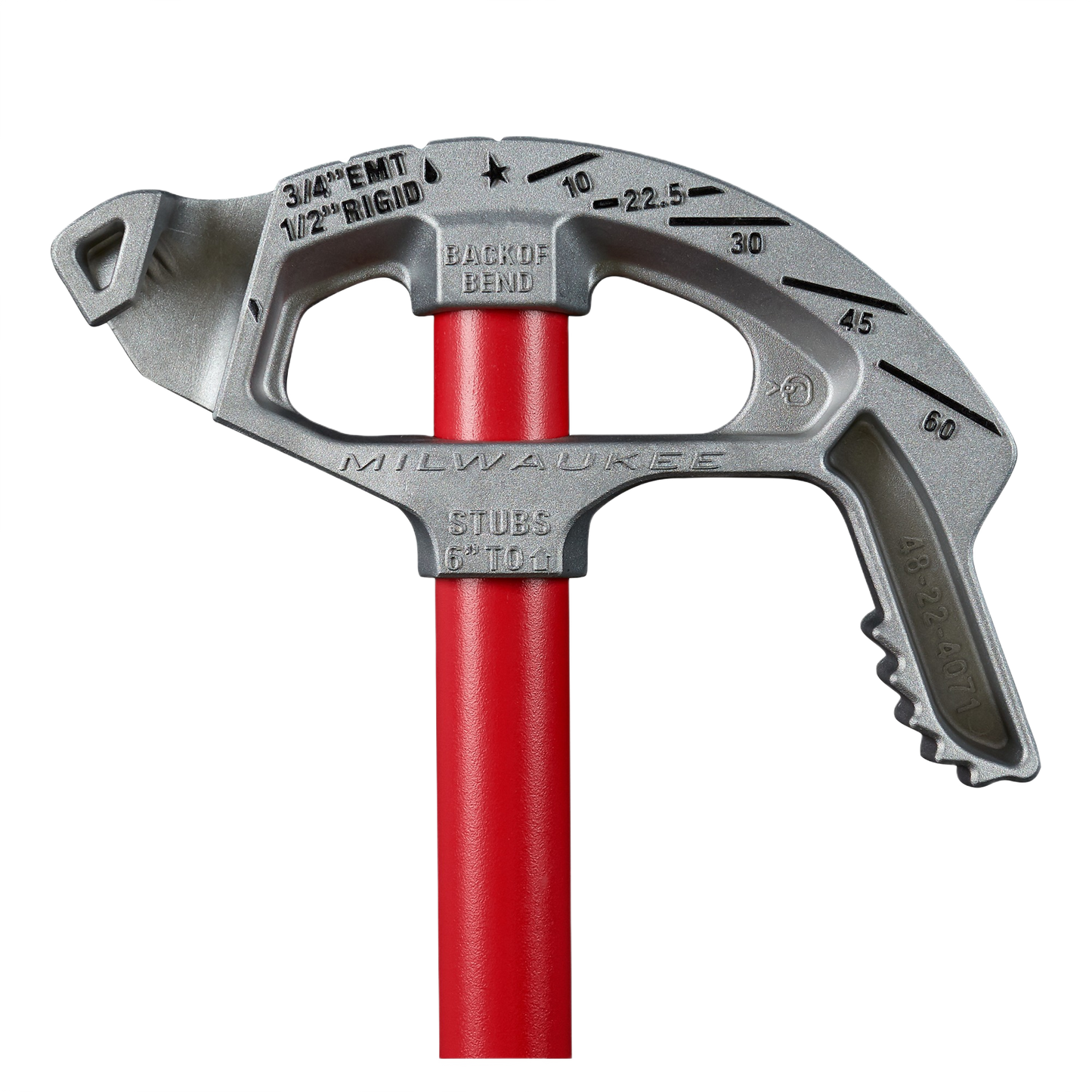 Red-handled aluminum conduit bender with angle markings for precise bending of EMT and rigid conduit in home improvement projects