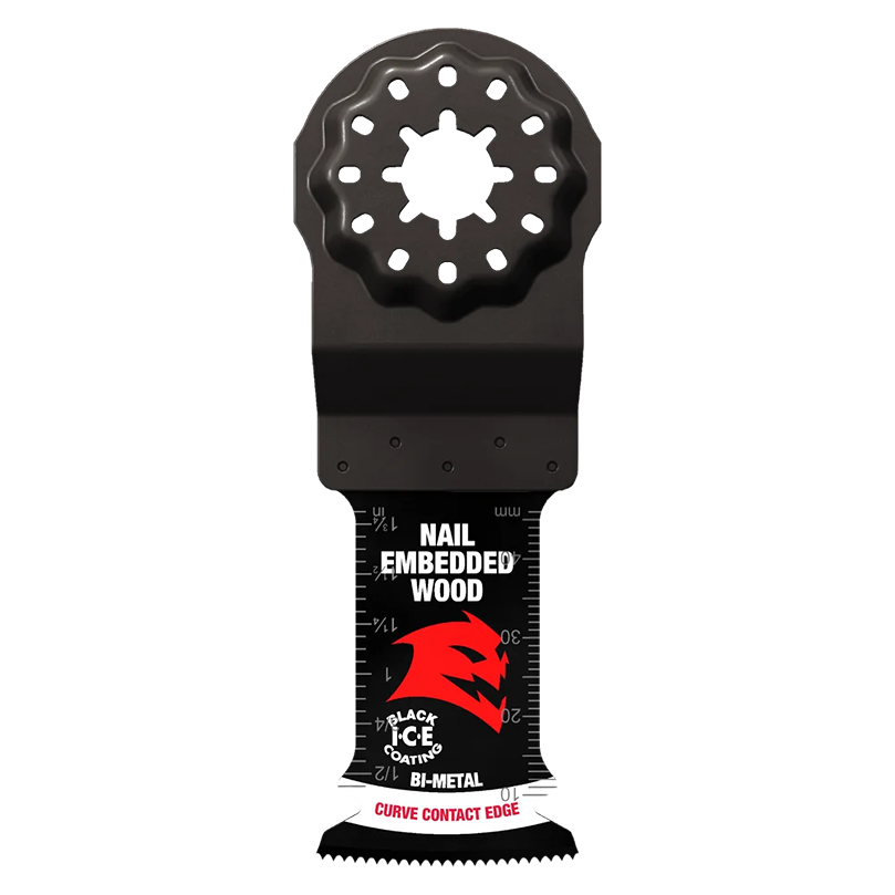 Bi-metal oscillating saw blade with Black ICE coating and curve contact edge for cutting nail embedded wood