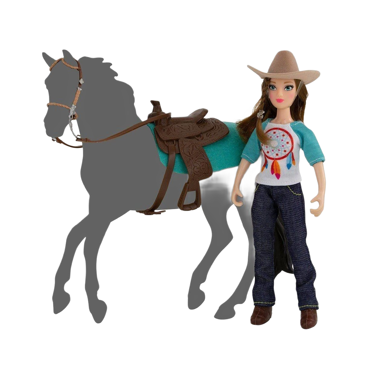 Cowgirl doll wearing a hat and casual outfit standing next to a gray horse silhouette with saddle and reins