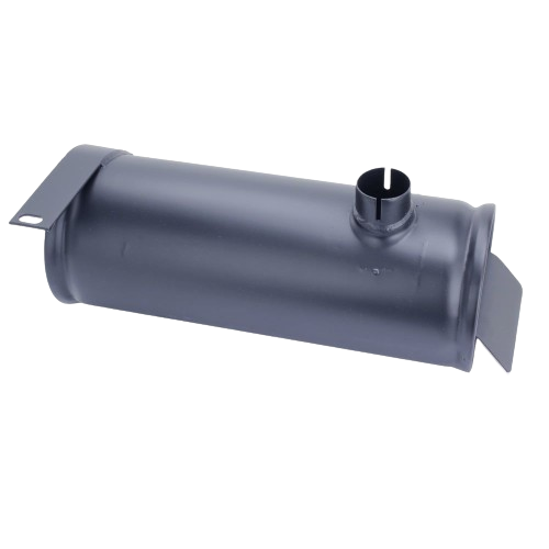 Black metal muffler with mounting bracket for automotive and John Deere engine replacement parts and accessories