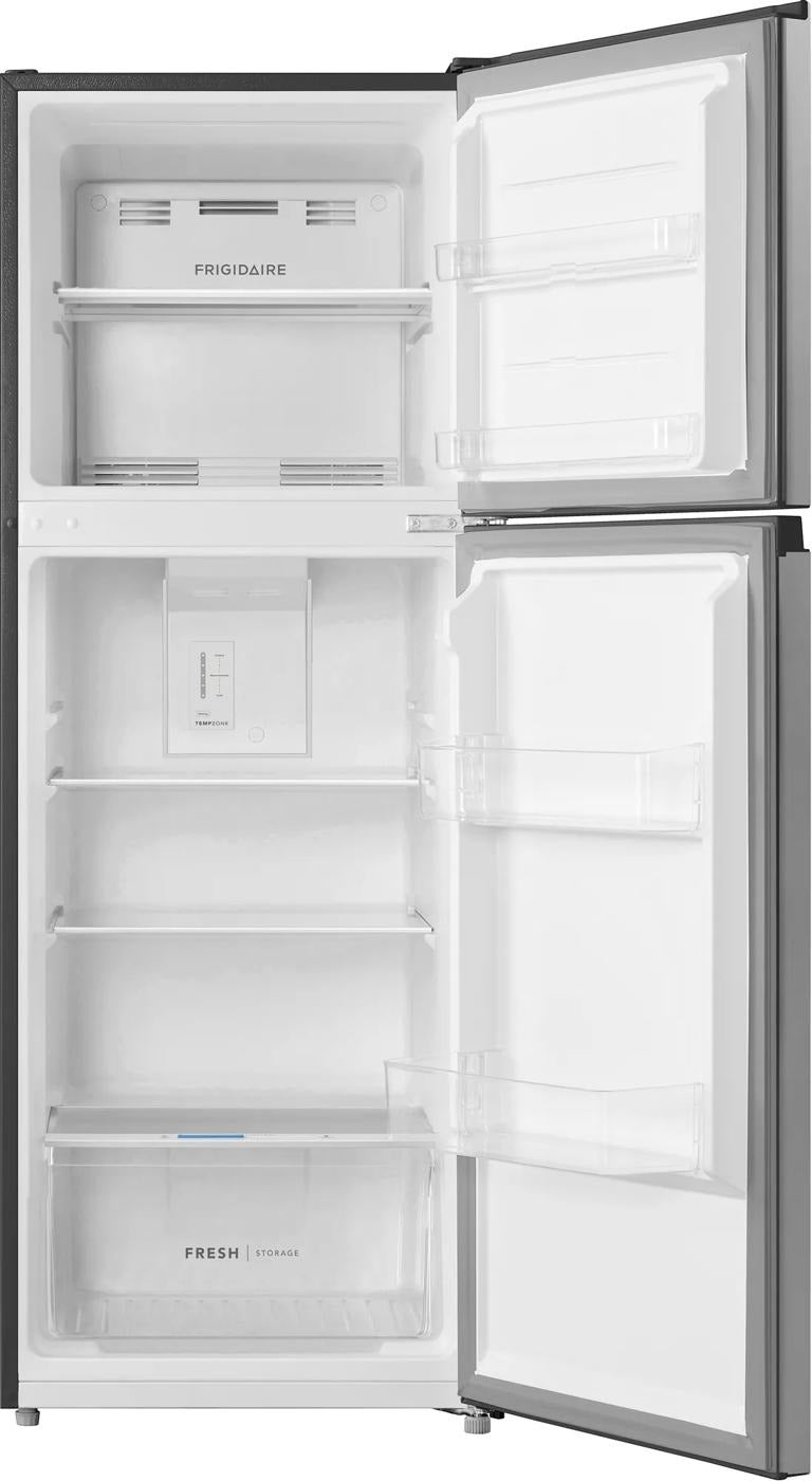 Open compact refrigerator with top freezer compartment, adjustable shelves, clear door bins, and a crisper drawer, suitable for Refrigerators, Top Freezer Refrigerators, Kitchen & Kitchenware, All Products, Appliances collections.