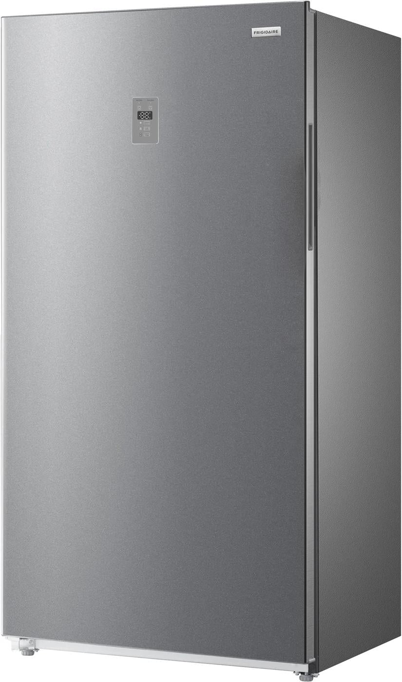 Tall silver upright freezer with digital control panel and smooth finish, designed for Freezers & Ice Makers, Upright Freezers, Kitchen & Kitchenware, and Appliances collections.