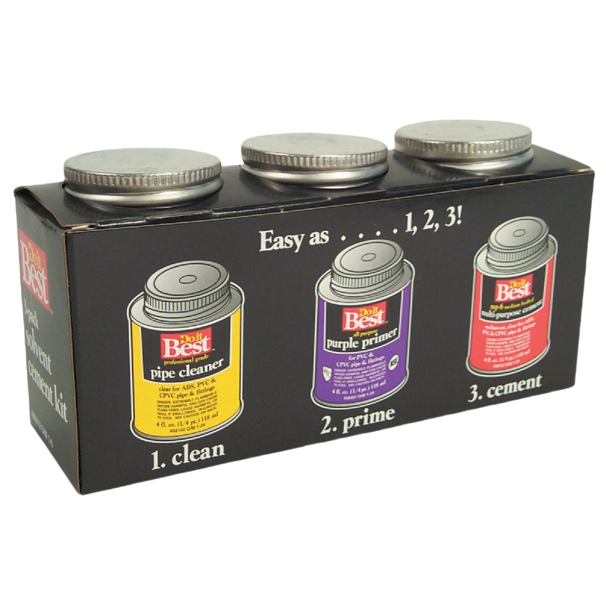 Three 4 oz metal cans of pipe cleaner, primer, and cement kit packaged on black box for plumbing tools collection
