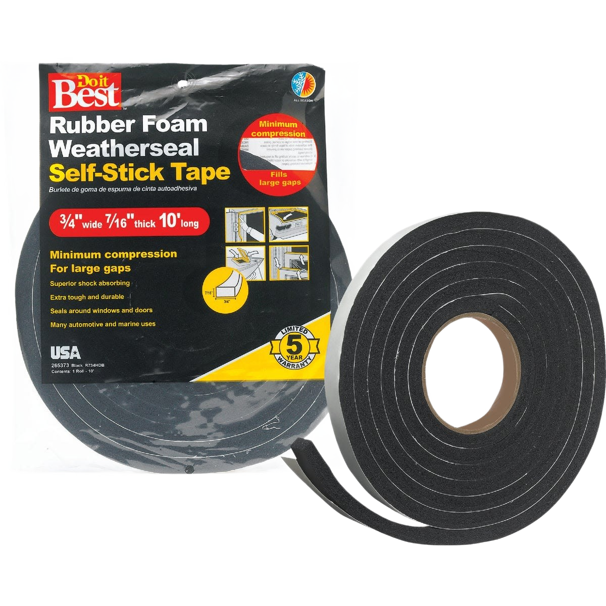 Black foam weatherstrip tape roll with self-adhesive backing for sealing large gaps in hardware and home improvement collections