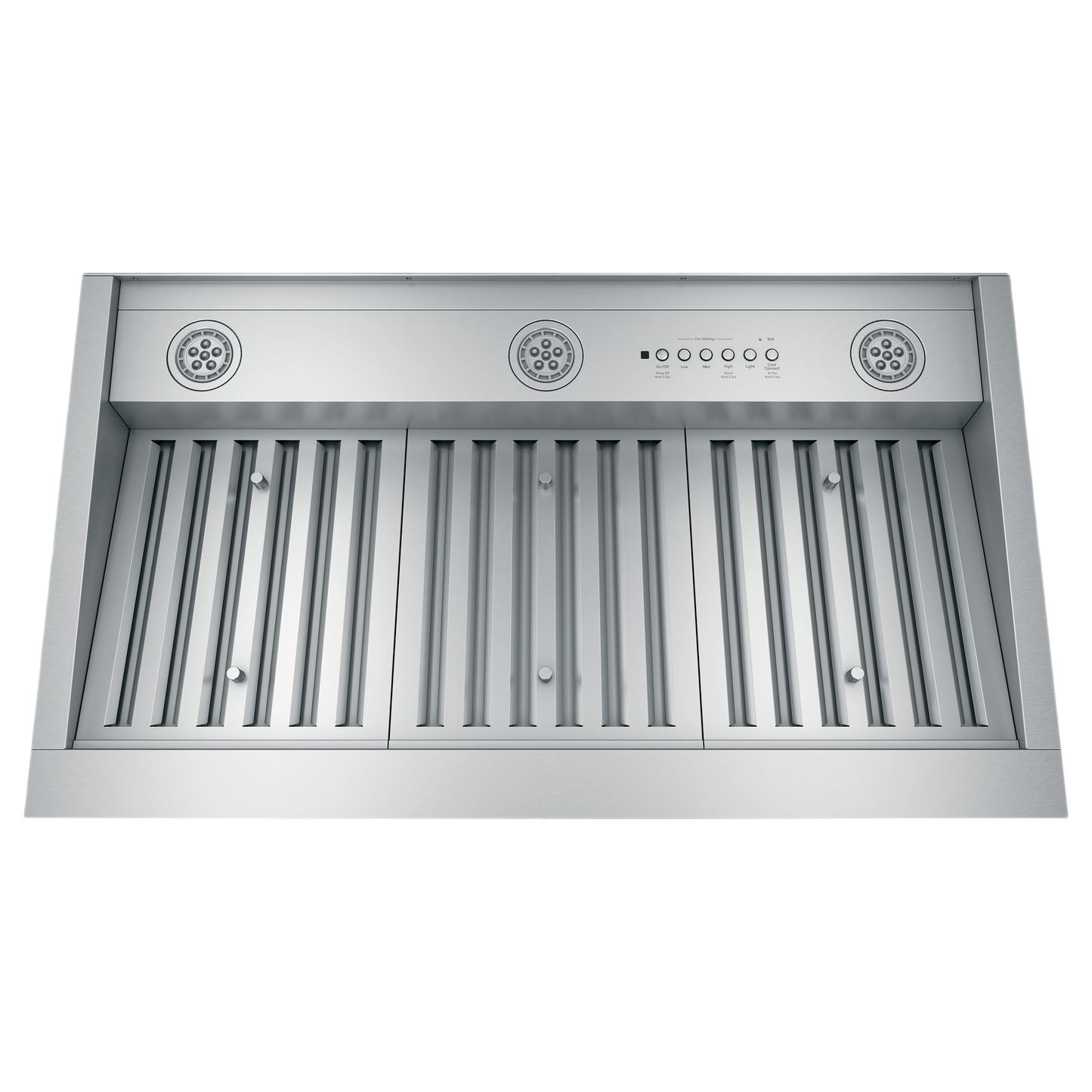 Stainless steel range hood insert with LED lights and control panel from kitchen and appliances collection