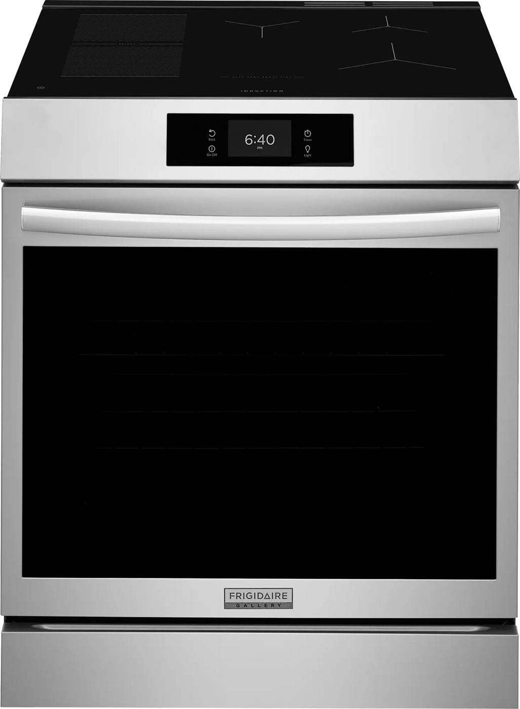 Stainless steel front control induction range with digital display and smooth cooktop in kitchen appliances collection