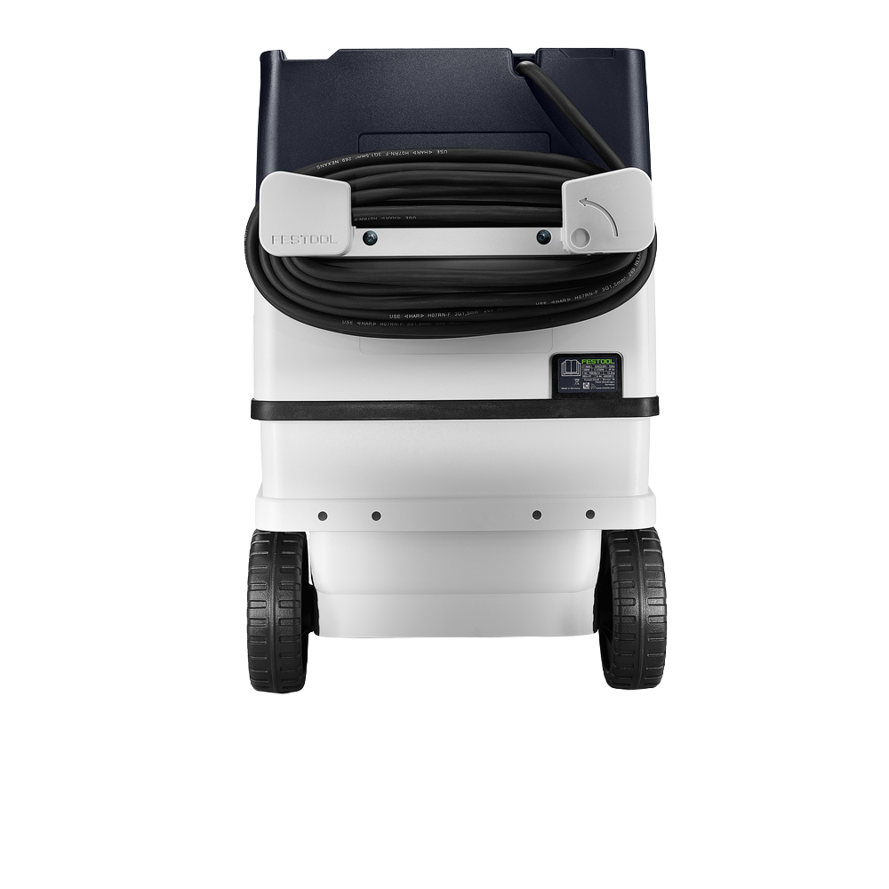 Front view of white and black Festool dust extractor with coiled hose and large wheels for tools and home improvement use