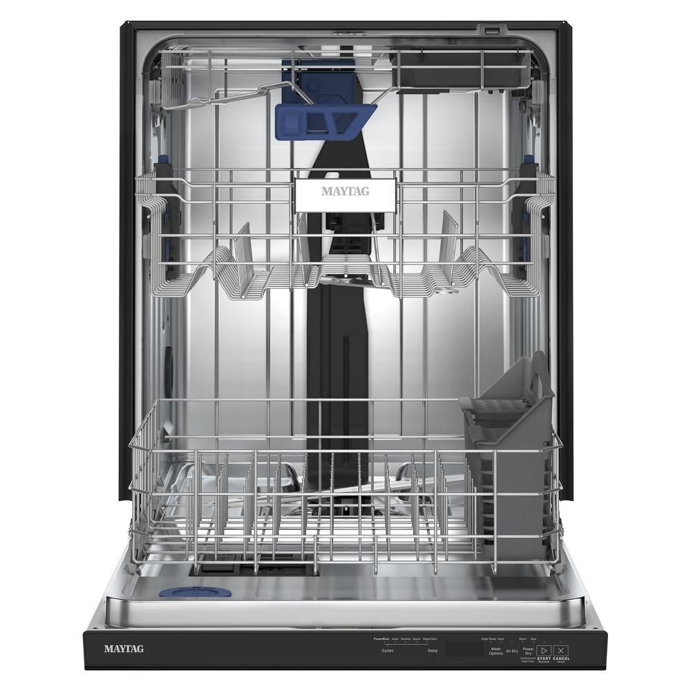 Open stainless steel dishwasher with top controls, adjustable racks, and utensil holders in kitchen appliances category
