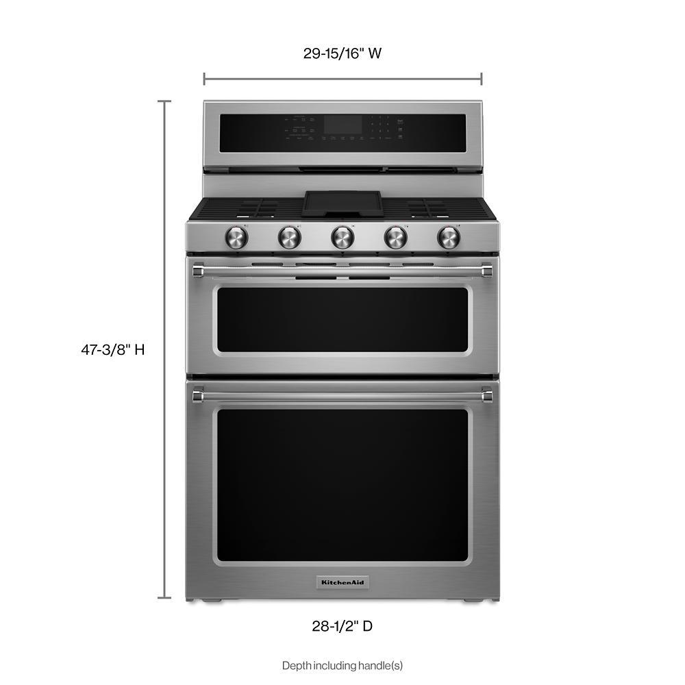 Front view of a stainless steel 30-inch dual fuel range with five gas burners, double convection ovens, and digital controls, part of KitchenAid Ranges, Kitchen & Kitchenware, Appliances, and Ranges & Cooktops collections.