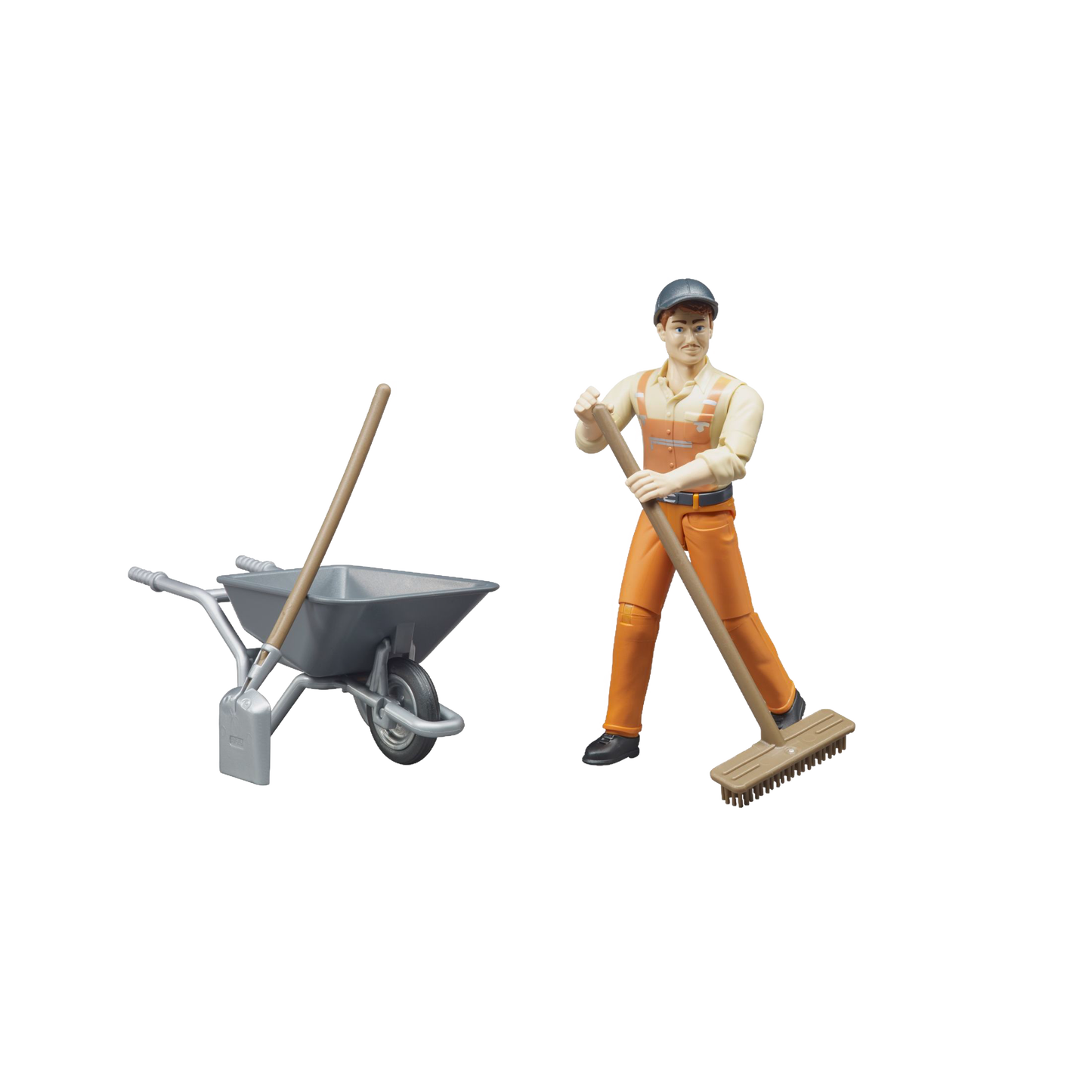 Toy municipal worker figure in orange overalls with broom and gray wheelbarrow for Bruder Toys under $50 collection