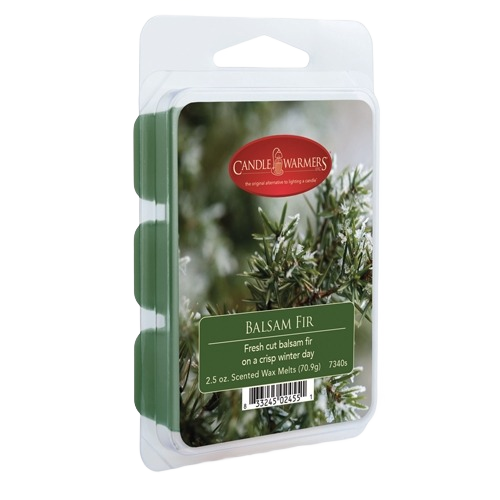 Green balsam fir scented wax melts in clear clamshell packaging for home fragrance and decor use