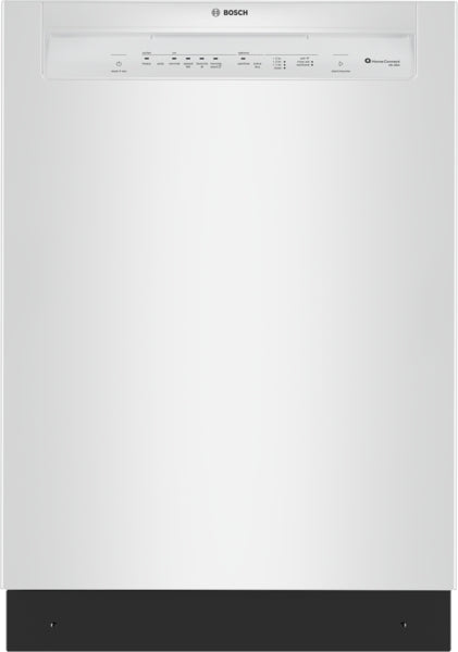 Front view of white 24-inch Bosch dishwasher with control panel and Home Connect feature in appliances collection