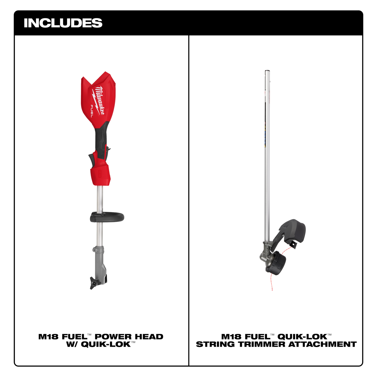 Red power head with QUIK-LOK attachment and separate string trimmer head for versatile outdoor tool use and home improvement tasks