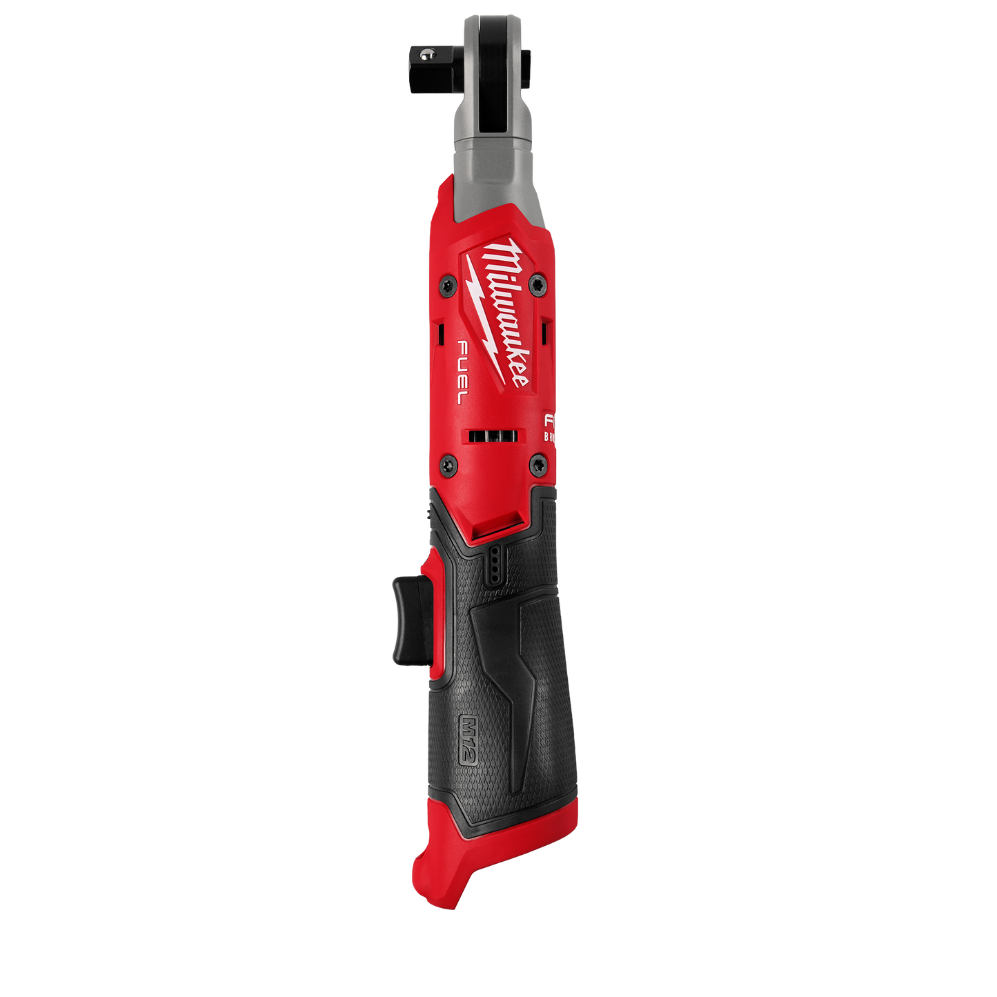 Red and black cordless ratchet with ergonomic grip and metal head, part of Milwaukee hand tools for woodworking and home improvement at Hartville Hardware.