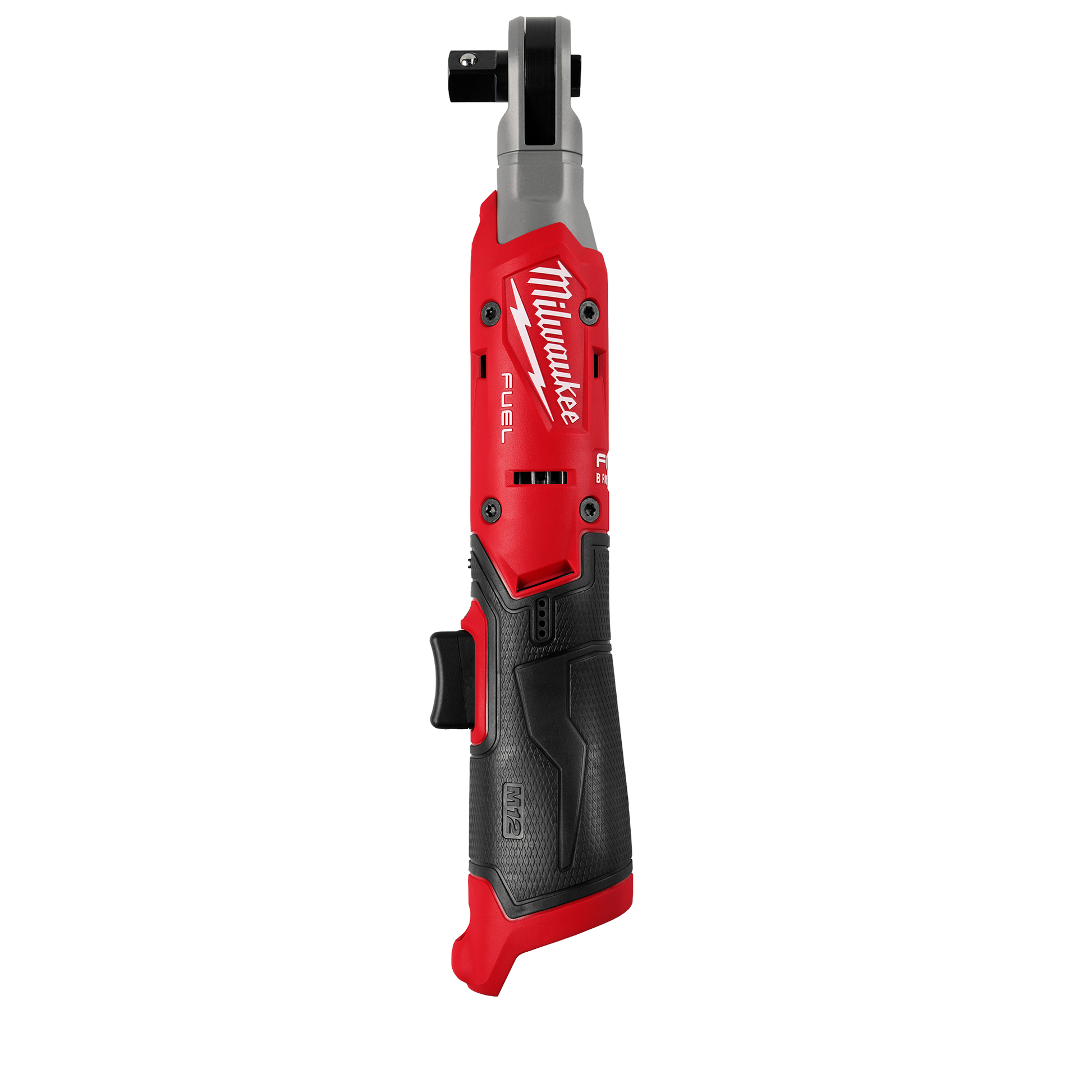 Red and black cordless ratchet with ergonomic grip and metal head, part of Milwaukee hand tools for woodworking and home improvement at Hartville Hardware.