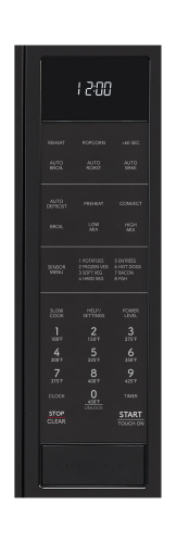 Black microwave control panel with digital clock and various cooking function buttons for appliance use in kitchen setting