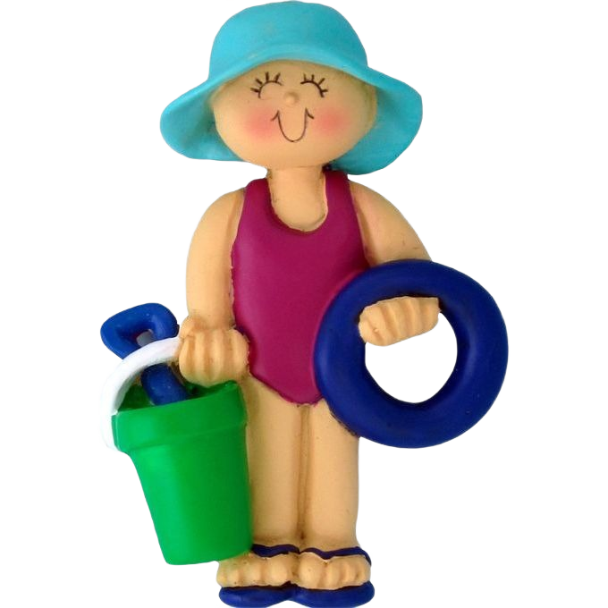 Cute female child ornament wearing turquoise sun hat holding green bucket and blue float for Christmas tree decor under 50