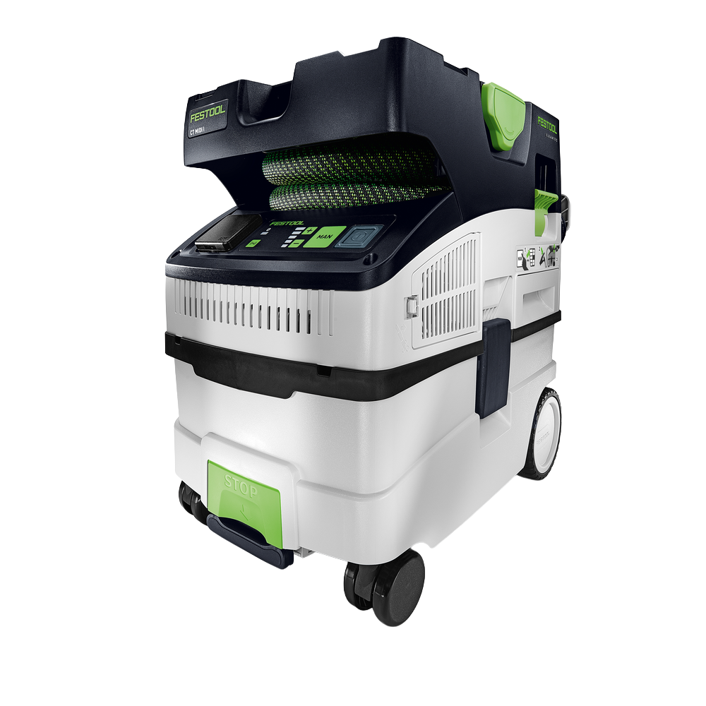 Compact white and black dust extractor with green accents, digital display, and wheels for tools and home improvement tasks