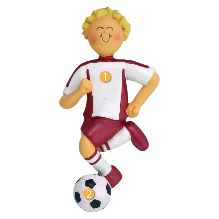 Blonde boy in red and white soccer uniform kicking black and white ball ornament for Christmas decorations under $50 collection